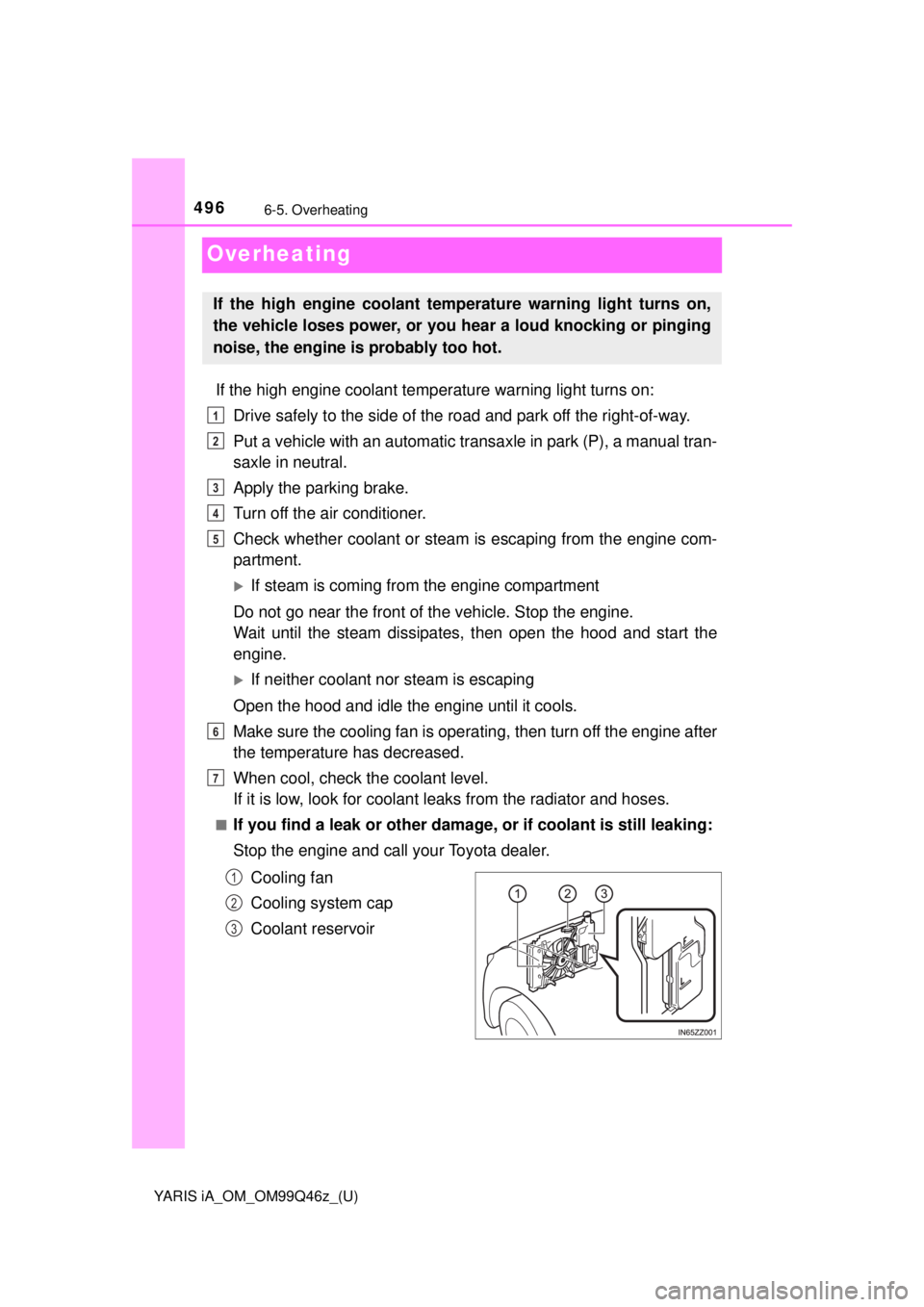 TOYOTA YARIS iA 2018  Owners Manual (in English) 496
YARIS iA_OM_OM99Q46z_(U)
6-5. Overheating
Overheating
If the high engine coolant temperature warning light turns on:Drive safely to the side of the road and park off the right-of-way.
Put a vehicl