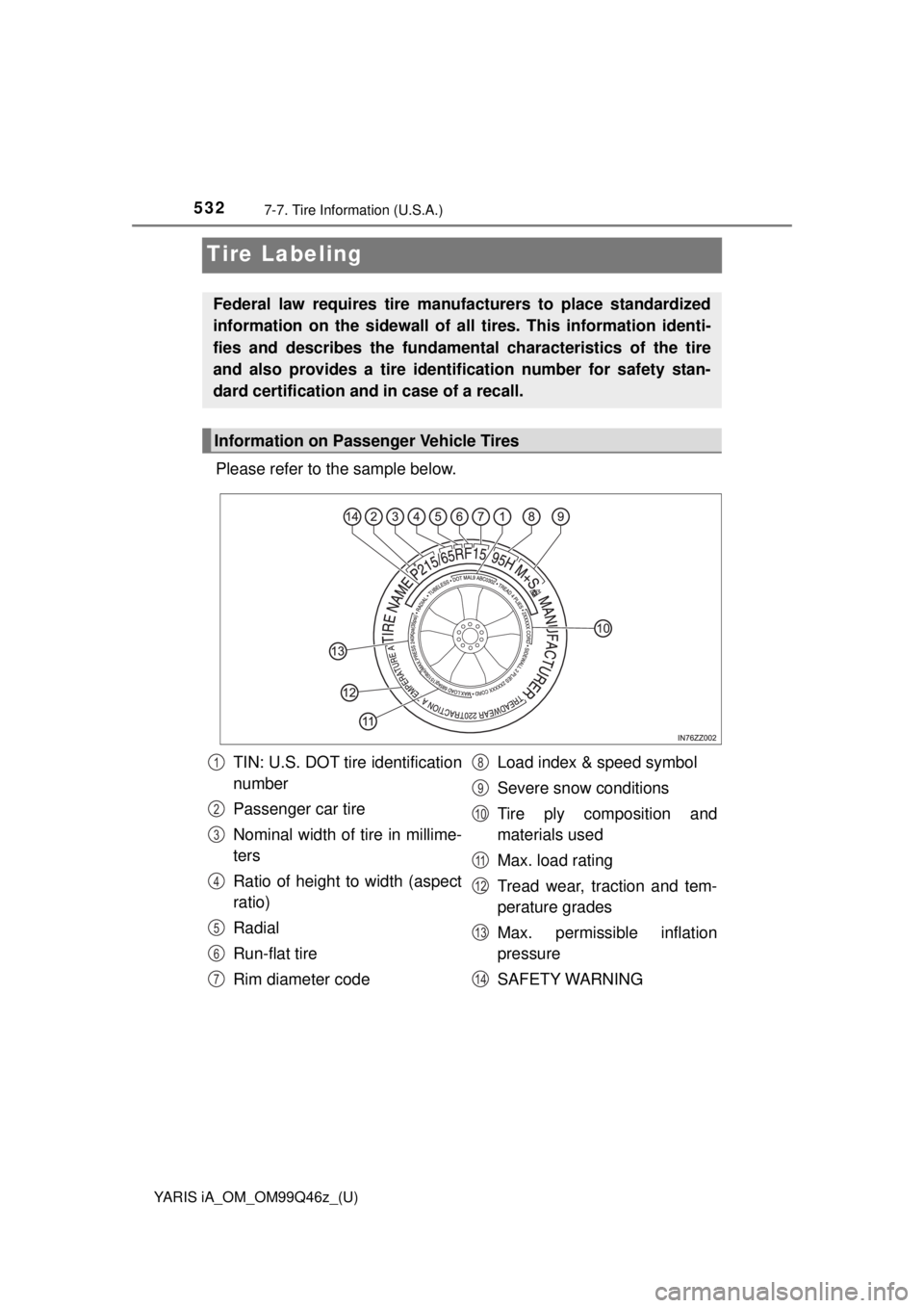 TOYOTA YARIS iA 2018 Owners Manual (in English) 532
YARIS iA_OM_OM99Q46z_(U)
7-7. Tire Information (U.S.A.)
Tire Labeling
Please refer to the sample below.
Federal law requires tire manufacturers to place standardized
information on the sidewall of TOYOTA YARIS iA 2018 Owners Manual (in English) 532
YARIS iA_OM_OM99Q46z_(U)
7-7. Tire Information (U.S.A.)
Tire Labeling
Please refer to the sample below.
Federal law requires tire manufacturers to place standardized
information on the sidewall of
