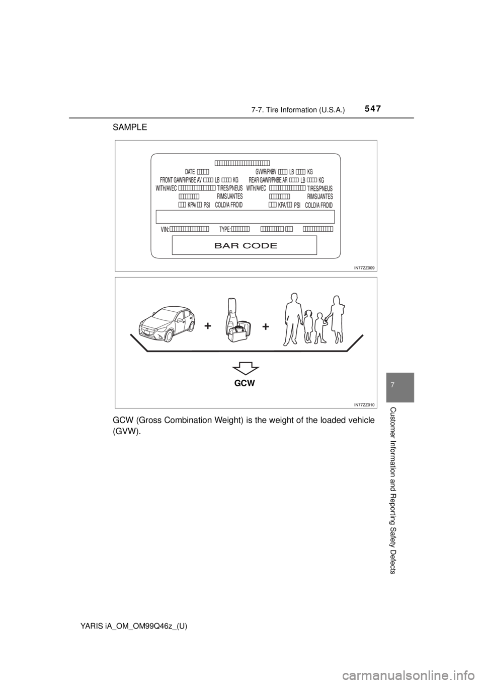 TOYOTA YARIS iA 2018  Owners Manual (in English) YARIS iA_OM_OM99Q46z_(U)
5477-7. Tire Information (U.S.A.)
7
Customer Information and Reporting Safety Defects
SAMPLE
GCW (Gross Combination Weight) is the weight of the loaded vehicle
(GVW).
GCW 
