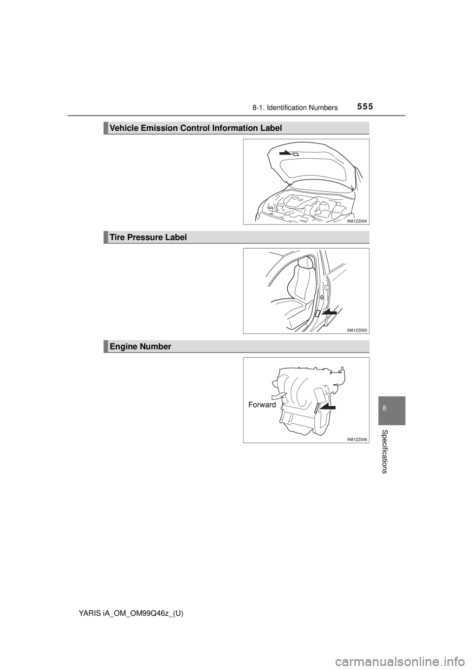 TOYOTA YARIS iA 2018  Owners Manual (in English) 5558-1. Identification Numbers
YARIS iA_OM_OM99Q46z_(U)
8
Specifications
Vehicle Emission Control Information Label
Tire Pressure Label
Engine Number
Forward 