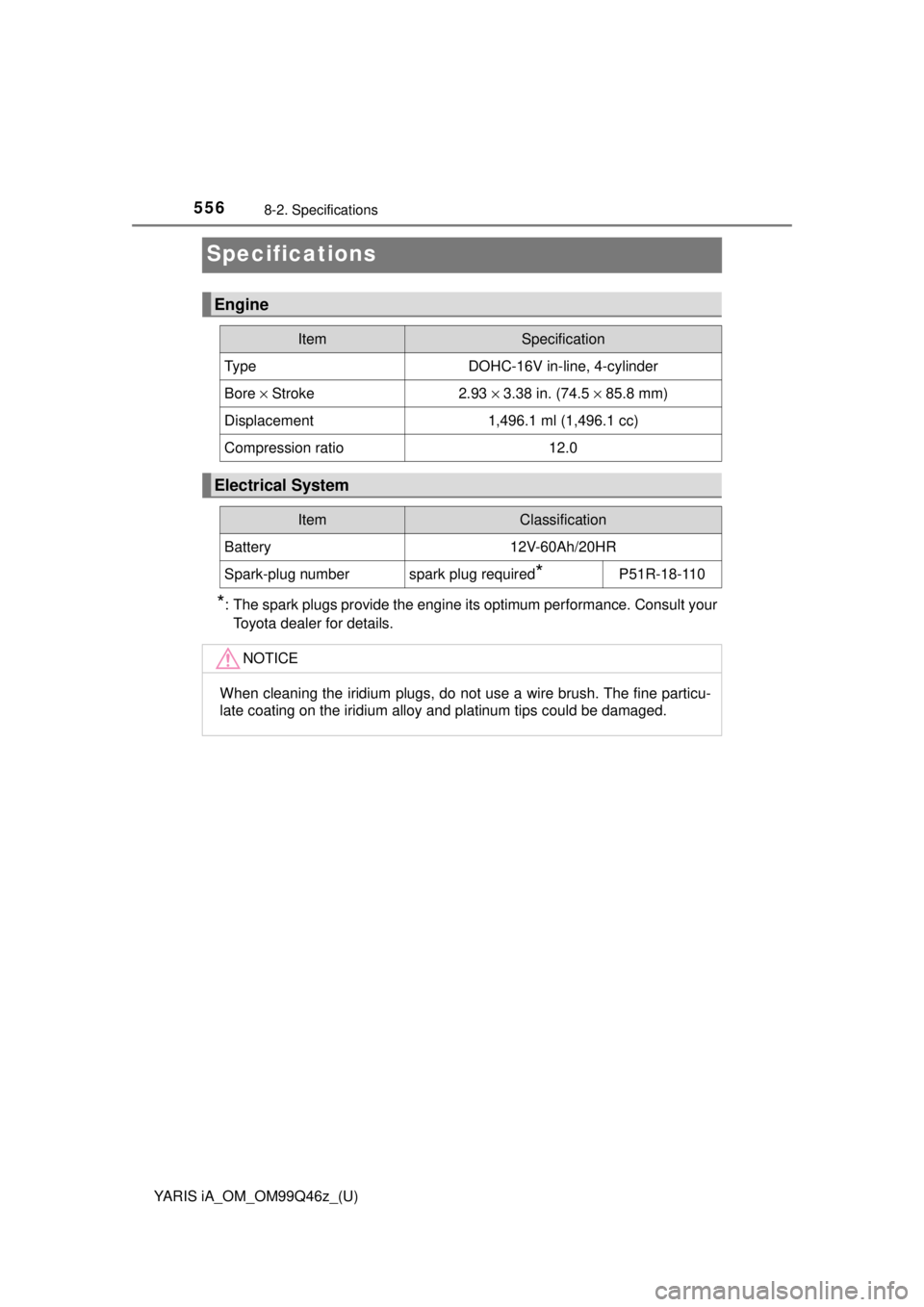 TOYOTA YARIS iA 2018  Owners Manual (in English) 556
YARIS iA_OM_OM99Q46z_(U)
8-2. Specifications
Specifications
*: The spark plugs provide the engine its optimum performance. Consult yourToyota dealer for details.
Engine
ItemSpecification
Ty p eDOH