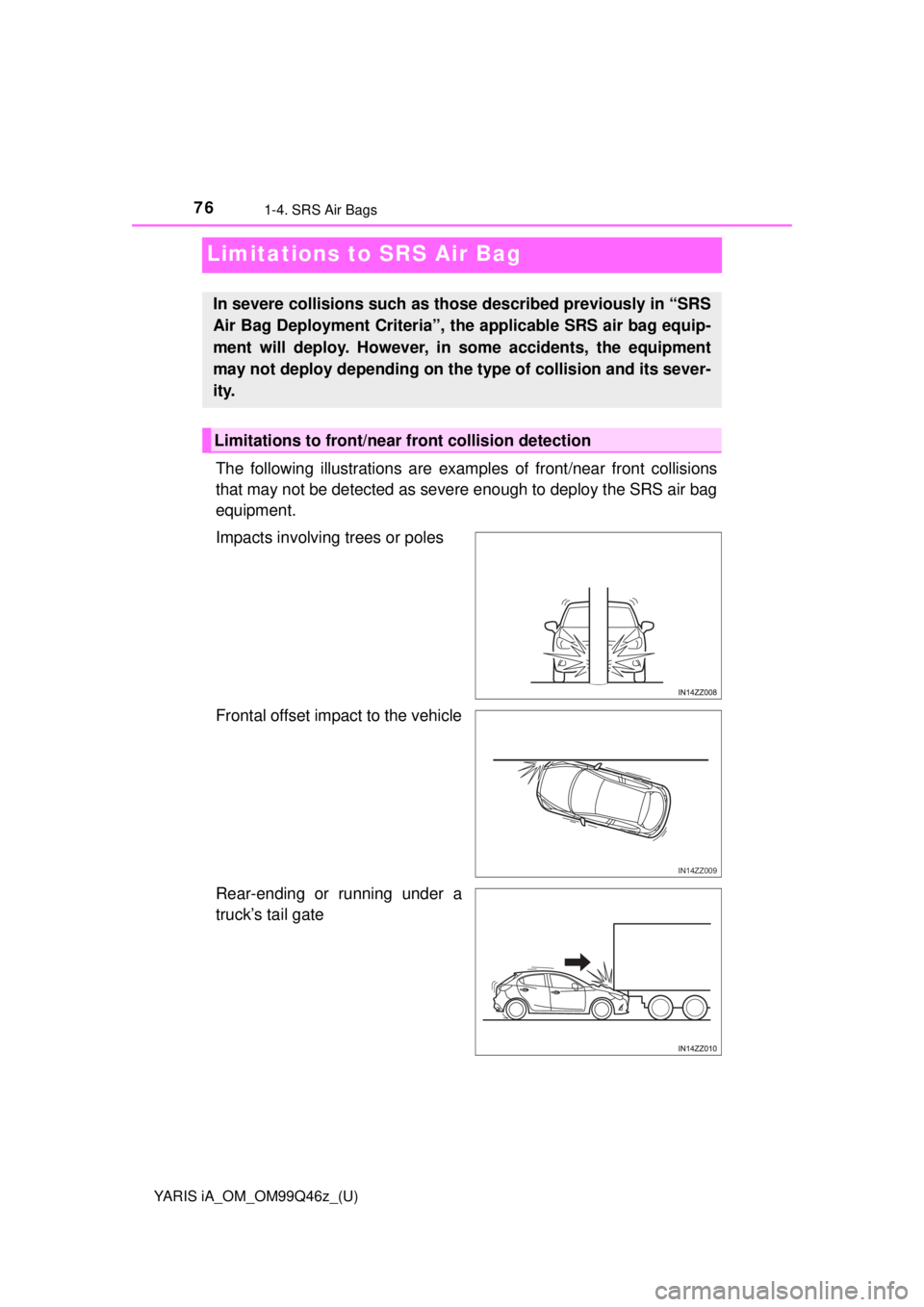 TOYOTA YARIS iA 2018 (in English) Manual PDF 76
YARIS iA_OM_OM99Q46z_(U)
1-4. SRS Air Bags
Limitations to SRS Air Bag
The following illustrations are examples of front/near front collisions
that may not be detected as severe enough to deploy th TOYOTA YARIS iA 2018 (in English) Manual PDF 76
YARIS iA_OM_OM99Q46z_(U)
1-4. SRS Air Bags
Limitations to SRS Air Bag
The following illustrations are examples of front/near front collisions
that may not be detected as severe enough to deploy th