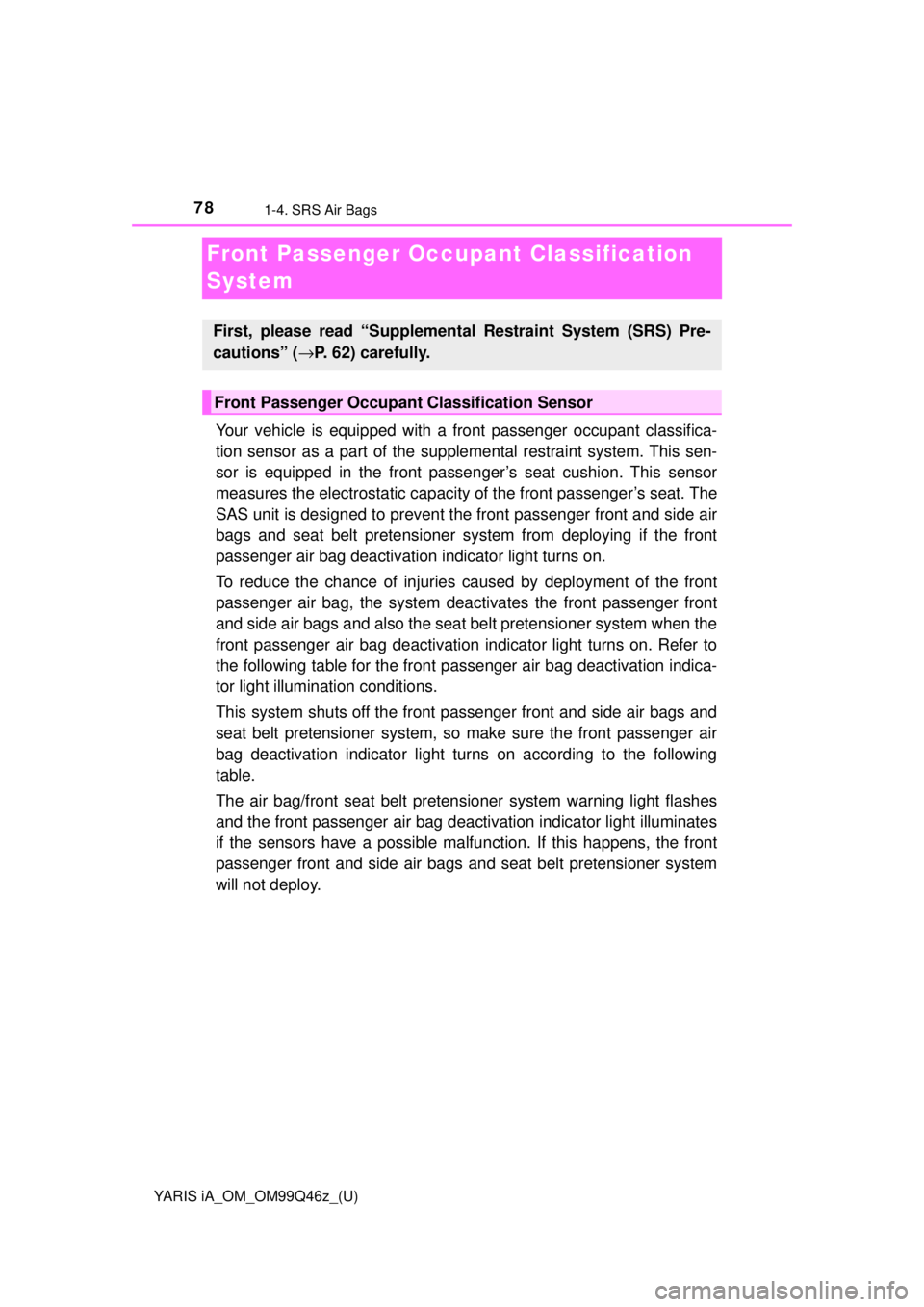 TOYOTA YARIS iA 2018 (in English) Manual PDF 78
YARIS iA_OM_OM99Q46z_(U)
1-4. SRS Air Bags
Front Passenger Occupant Classification
System
Your vehicle is equipped with a front passenger occupant classifica-
tion sensor as a part of the supple TOYOTA YARIS iA 2018 (in English) Manual PDF 78
YARIS iA_OM_OM99Q46z_(U)
1-4. SRS Air Bags
Front Passenger Occupant Classification
System
Your vehicle is equipped with a front passenger occupant classifica-
tion sensor as a part of the supple
