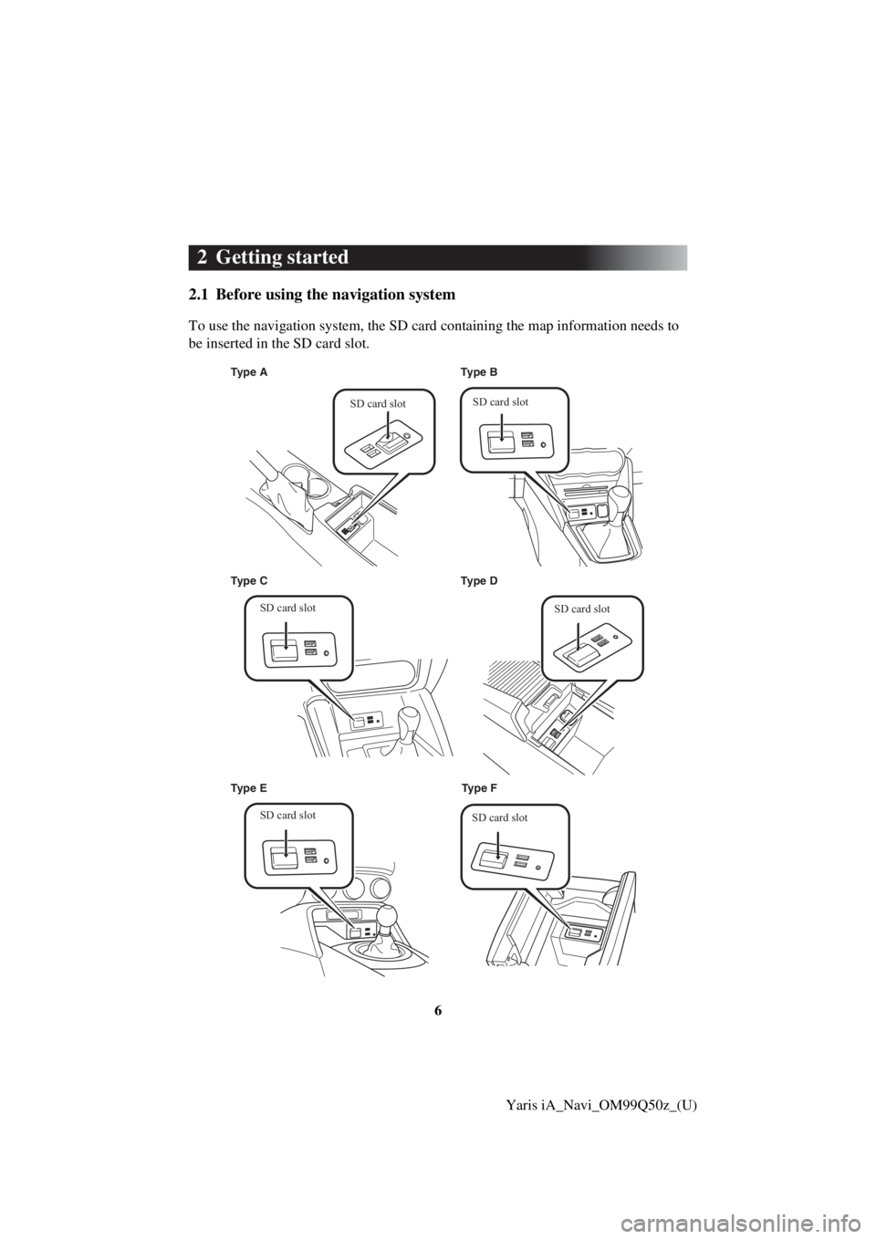 TOYOTA YARIS iA 2018 Accessories, Audio & Navigation (in English) 6Yaris iA_Navi_OM99Q50z_(U)
2 Getting started
2.1 Before using the navigation system
To use the navigation system, the SD card containing the map information needs to
be inserted in the SD card slot. TOYOTA YARIS iA 2018 Accessories, Audio & Navigation (in English) 6Yaris iA_Navi_OM99Q50z_(U)
2 Getting started
2.1 Before using the navigation system
To use the navigation system, the SD card containing the map information needs to
be inserted in the SD card slot.