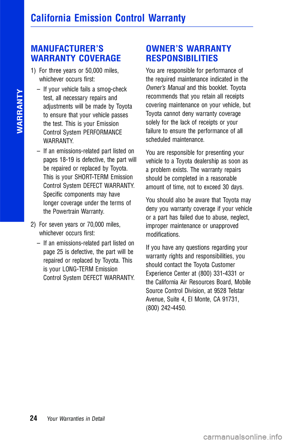 TOYOTA YARIS iA 2018 Warranties & Maintenance Guides (in English) MANUFACTURER’S
WARRANTY COVERAGE
1)For three years or 50,000 miles,
whichever occurs first:
–If your vehicle fails a smog-check
test, all necessary repairs and
adjustments will be made by Toyota
t TOYOTA YARIS iA 2018 Warranties & Maintenance Guides (in English) MANUFACTURER’S
WARRANTY COVERAGE
1)For three years or 50,000 miles,
whichever occurs first:
–If your vehicle fails a smog-check
test, all necessary repairs and
adjustments will be made by Toyota
t