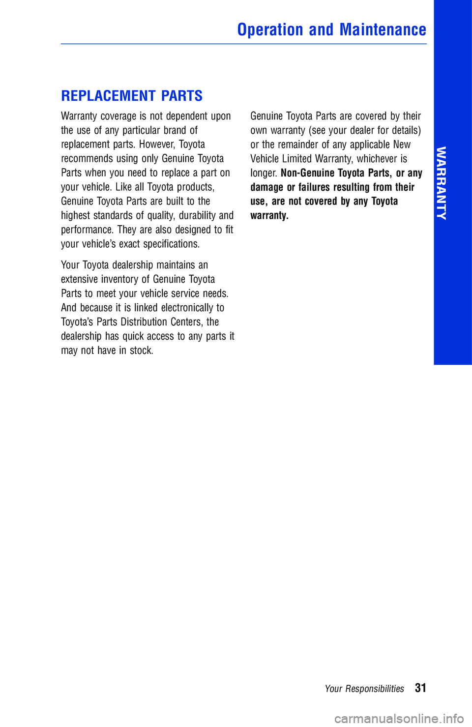 TOYOTA YARIS iA 2018 Warranties & Maintenance Guides (in English) REPLACEMENT PARTS
Warranty coverage is not dependent upon
the use of any particular brand of
replacement parts. However, Toyota
recommends using only Genuine Toyota
Parts when you need to replace a pa TOYOTA YARIS iA 2018 Warranties & Maintenance Guides (in English) REPLACEMENT PARTS
Warranty coverage is not dependent upon
the use of any particular brand of
replacement parts. However, Toyota
recommends using only Genuine Toyota
Parts when you need to replace a pa