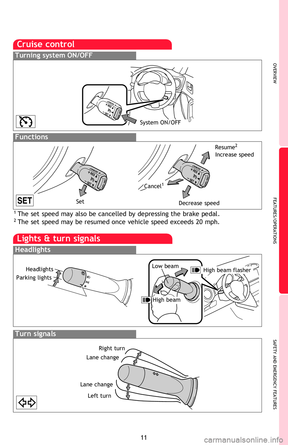 TOYOTA FR-S 2013   (in English) User Guide OVERVIEW
FEATURES/OPERATIONS
SAFETY AND EMERGENCY FEATURES
11
Lights & turn signals
Headlights
Turn signals
Parking lightsLow beam
Headlights
Right turn
Left turn
Lane change
Lane change
High beam
Sea