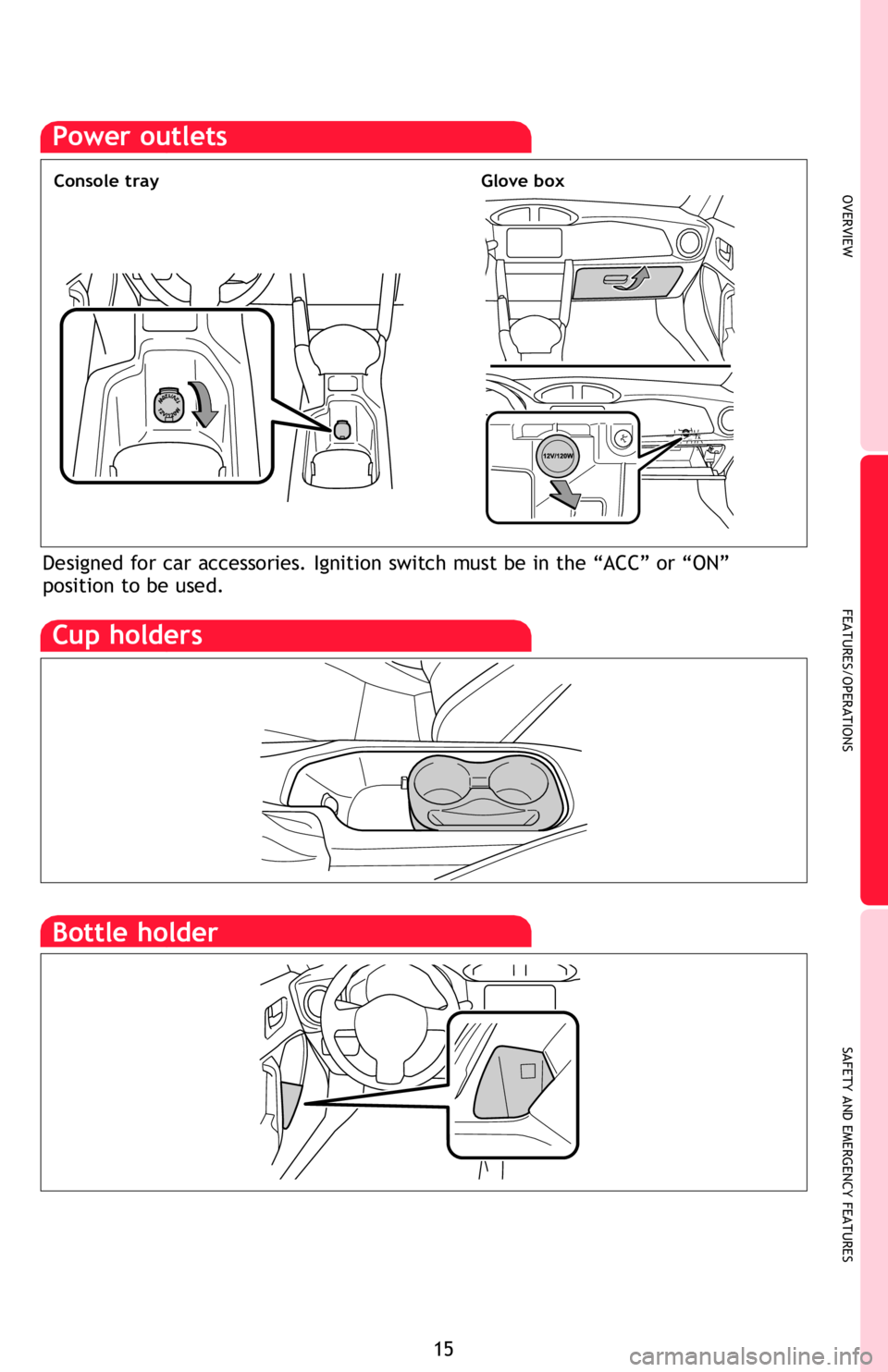 TOYOTA FR-S 2013   (in English) User Guide OVERVIEW
FEATURES/OPERATIONS
SAFETY AND EMERGENCY FEATURES
15
Airflow vent
“     ” and “
” mode uses fresh air only
Rear window defogger
Temperature selector
Air Conditioning ON/OFF
Fan speed
