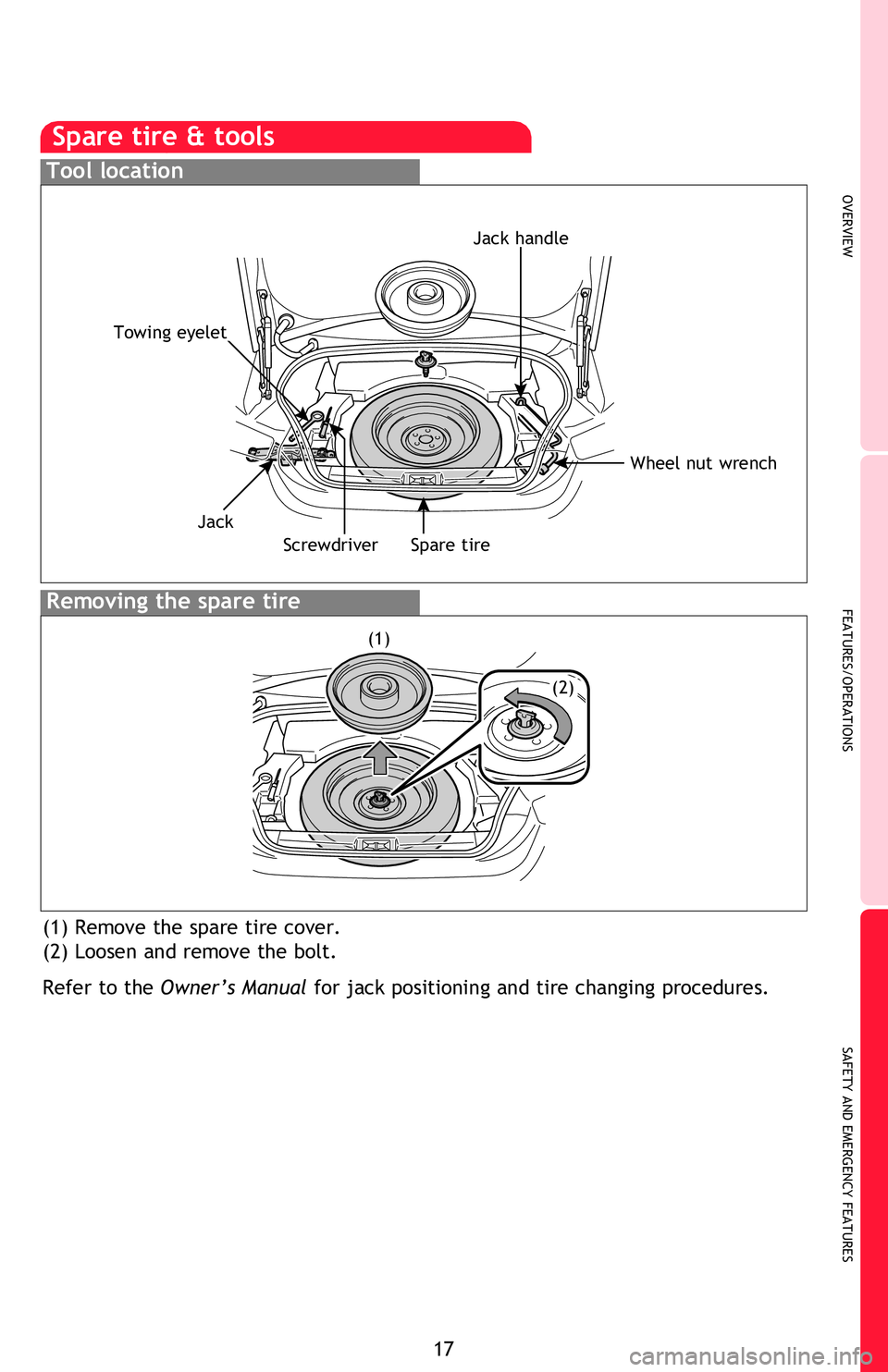 TOYOTA FR-S 2013   (in English) User Guide OVERVIEW
FEATURES/OPERATIONS
SAFETY AND EMERGENCY FEATURES
17
If belt is fully extended, then retracted even slightly, it cannot be re-extended 
beyond that point, unless fully retracted again. This f