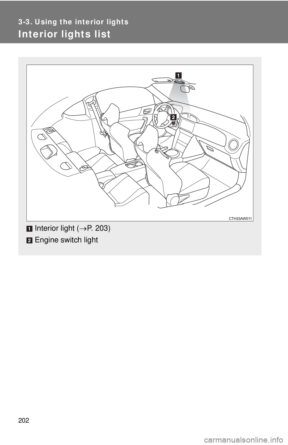 TOYOTA FR-S 2013  Owners Manual (in English) 202
3-3. Using the interior lights
Interior lights list
Interior light (P. 203)
Engine switch light 