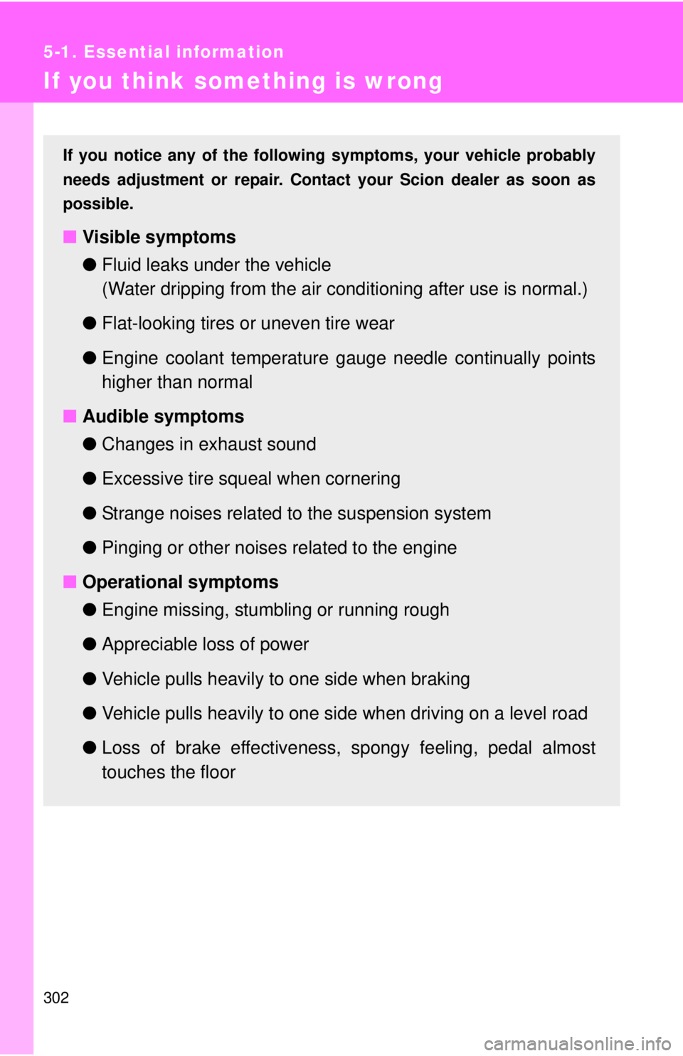 TOYOTA FR-S 2013 Owners Manual (in English) 302
5-1. Essential information
If you think something is wrong
If you notice any of the following symptoms, your vehicle probably
needs adjustment or repair. Cont act your Scion dealer as soon as
poss TOYOTA FR-S 2013 Owners Manual (in English) 302
5-1. Essential information
If you think something is wrong
If you notice any of the following symptoms, your vehicle probably
needs adjustment or repair. Cont act your Scion dealer as soon as
poss