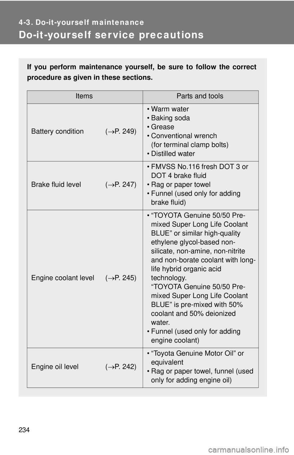 TOYOTA FR-S 2013  Owners Manual (in English) 234
4-3. Do-it-yourself maintenance
Do-it-yourself ser vice precautions
If you perform maintenance yourself, be sure to follow the correct
procedure as given in these sections.
ItemsParts and tools
Ba