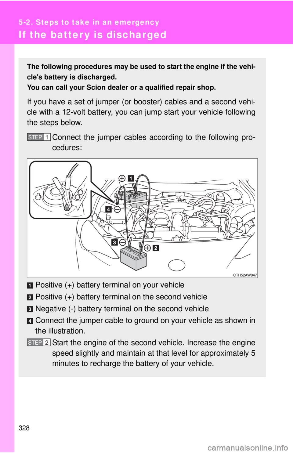 TOYOTA FR-S 2013  Owners Manual (in English) 328
5-2. Steps to take in an emergency
If the batter y is discharged
The following procedures may be used to start the engine if the vehi-
cles battery is discharged. 
You can call your Scion dealer 