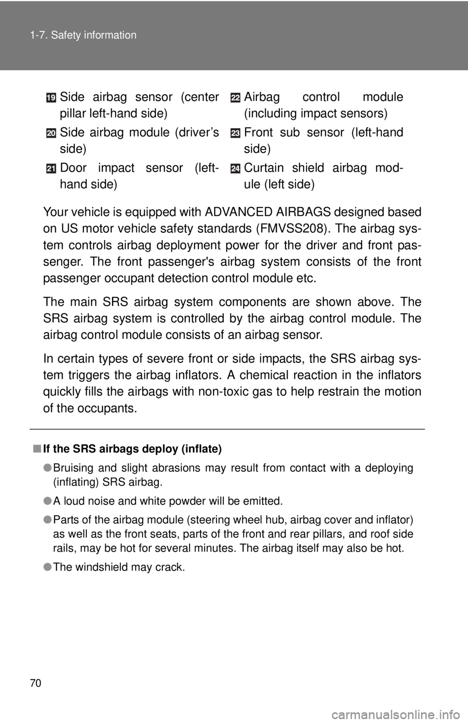 TOYOTA FR-S 2013   (in English) Repair Manual 70 1-7. Safety information
Your vehicle is equipped with ADVANCED AIRBAGS designed based
on US motor vehicle safety standards (FMVSS208). The airbag sys-
tem controls airbag deployment po wer for the 
