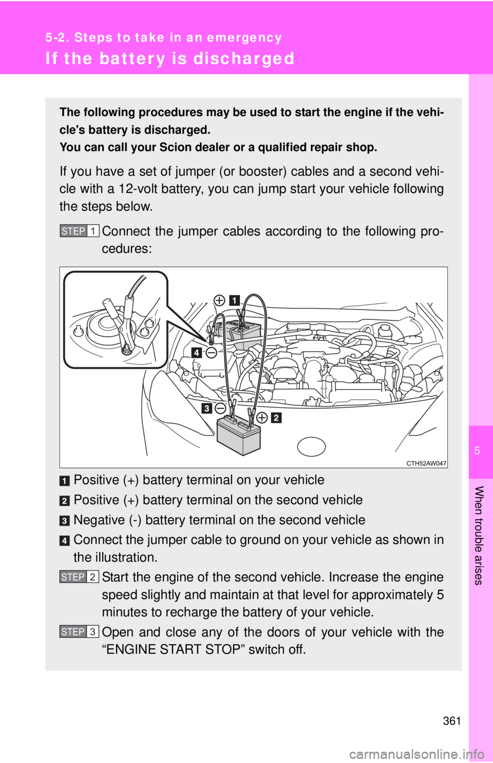 TOYOTA FR-S 2013 Owners Manual (in English) 5
When trouble arises
361
5-2. Steps to take in an emergency
If the batter y is discharged
The following procedures may be used to start the engine if the vehi-
cles battery is discharged.
You can c TOYOTA FR-S 2013 Owners Manual (in English) 5
When trouble arises
361
5-2. Steps to take in an emergency
If the batter y is discharged
The following procedures may be used to start the engine if the vehi-
cles battery is discharged.
You can c