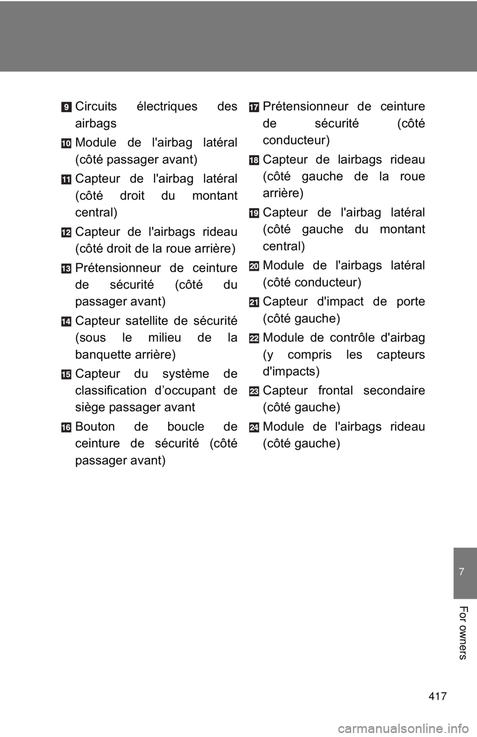 TOYOTA FR-S 2013 Owners Manual (in English) 417
7
For owners
Circuits électriques des
airbags
Module de l'airbag latéral
(côté passager avant)
Capteur de l'airbag latéral
(côté droit du montant
central)
Capteur de l'airbags r TOYOTA FR-S 2013 Owners Manual (in English) 417
7
For owners
Circuits électriques des
airbags
Module de l'airbag latéral
(côté passager avant)
Capteur de l'airbag latéral
(côté droit du montant
central)
Capteur de l'airbags r