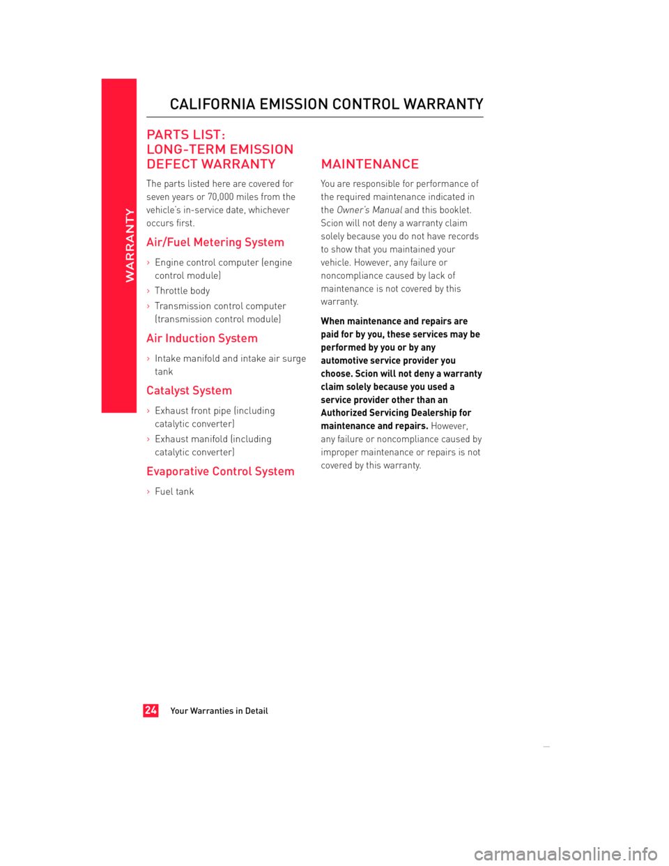 TOYOTA FR-S 2013 Warranties & Maintenance Guides (in English)
JOBNAME: 1139278-2013-sfr-toy PAGE: 24 SESS: 2 OUTPUT: Fri Apr 20 09:31:46 2012
/tweddle/toyota/sched-maint/1139278-en-sfr/wg
PARTS LIST:
LONG-TERM EMISSION
DEFECT WARRANTY
The parts listed here are TOYOTA FR-S 2013 Warranties & Maintenance Guides (in English)
JOBNAME: 1139278-2013-sfr-toy PAGE: 24 SESS: 2 OUTPUT: Fri Apr 20 09:31:46 2012
/tweddle/toyota/sched-maint/1139278-en-sfr/wg
PARTS LIST:
LONG-TERM EMISSION
DEFECT WARRANTY
The parts listed here are