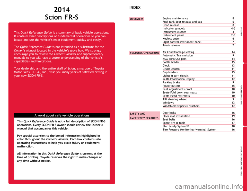 TOYOTA FR-S 2014 Owners Manual (in English) OVERVIEW
FEATURES/OPERATIONS
SAFETY AND EMERGENCY FEATURES
1
This Quick Reference Guide is a summary of basic vehicle operations.
It contains brief descriptions of fundamental operations so you can
TOYOTA FR-S 2014 Owners Manual (in English) OVERVIEW
FEATURES/OPERATIONS
SAFETY AND EMERGENCY FEATURES
1
This Quick Reference Guide is a summary of basic vehicle operations.
It contains brief descriptions of fundamental operations so you can