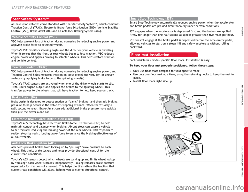 TOYOTA FR-S 2014   (in English) User Guide OVERVIEW
FEATURES/OPERATIONS
SAFETY AND EMERGENCY FEATURES
19
18
Star Safety SystemTM
VSC helps prevent loss of traction during cornering by reducing engine power and 
applying brake force to selected