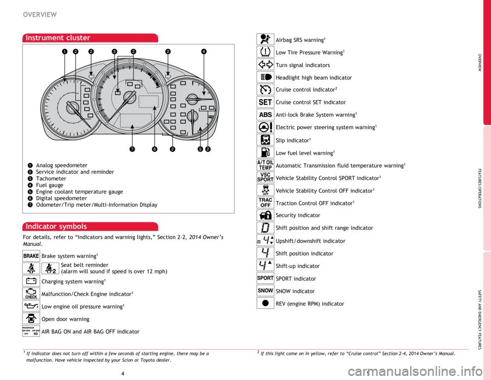 TOYOTA FR-S 2014  Owners Manual (in English) OVERVIEW
FEATURES/OPERATIONS
SAFETY AND EMERGENCY FEATURES
45
OVERVIEW
2 If this light come on in yellow, refer to “Cruise control” Section 2-4, 2014 Owner’s Manual.
Instrument cluster
Seat belt