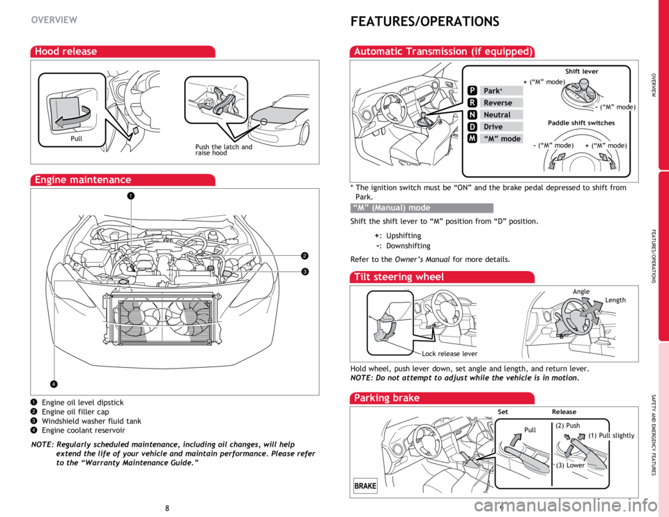 TOYOTA FR-S 2014 Owners Manual (in English) OVERVIEW
FEATURES/OPERATIONS
SAFETY AND EMERGENCY FEATURES
89
FEATURES/OPERATIONS
Automatic Transmission (if equipped)
P
R
N
D
M
Park*
Reverse
Neutral
Drive
“M” mode
Tilt steering wheel
Hold wheel TOYOTA FR-S 2014 Owners Manual (in English) OVERVIEW
FEATURES/OPERATIONS
SAFETY AND EMERGENCY FEATURES
89
FEATURES/OPERATIONS
Automatic Transmission (if equipped)
P
R
N
D
M
Park*
Reverse
Neutral
Drive
“M” mode
Tilt steering wheel
Hold wheel