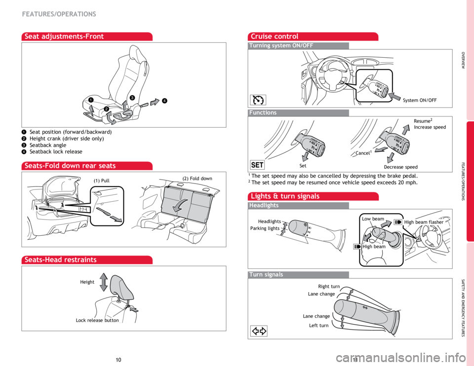 TOYOTA FR-S 2014  Owners Manual (in English) OVERVIEW
FEATURES/OPERATIONS
SAFETY AND EMERGENCY FEATURES
11
10
FEATURES/OPERATIONS
Lights & turn signals
Headlights
Turn signals
Parking lights Low beam
Headlights
Right turn
Left turn
Lane change
L