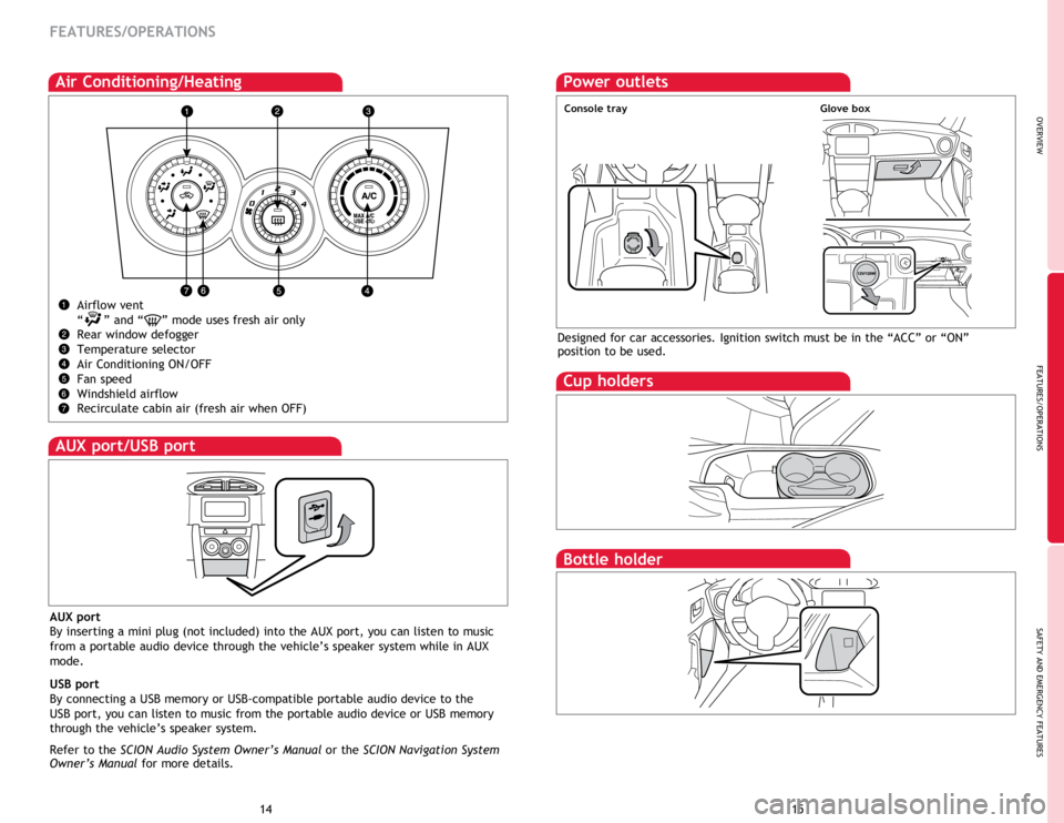 TOYOTA FR-S 2014 Owners Manual (in English) OVERVIEW
FEATURES/OPERATIONS
SAFETY AND EMERGENCY FEATURES
1415
Air Conditioning/Heating
Airflow vent
“ ” and “
” mode uses fresh air only
Rear window defogger
Temperature selector
Air Con TOYOTA FR-S 2014 Owners Manual (in English) OVERVIEW
FEATURES/OPERATIONS
SAFETY AND EMERGENCY FEATURES
1415
Air Conditioning/Heating
Airflow vent
“ ” and “
” mode uses fresh air only
Rear window defogger
Temperature selector
Air Con