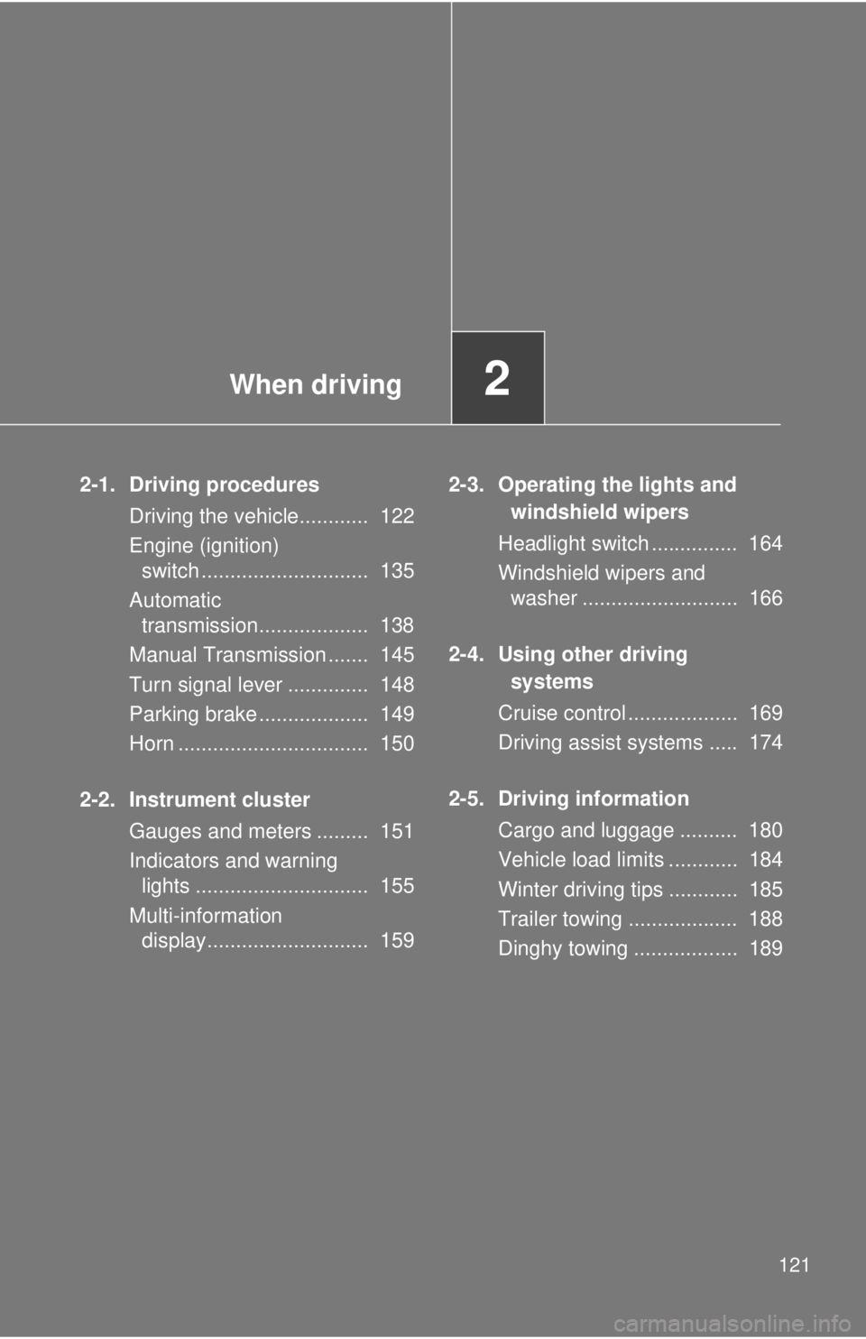 TOYOTA FR-S 2014 Owners Manual (in English) When driving2
121
2-1. Driving procedures
Driving the vehicle............ 122
Engine (ignition)
switch ............................. 135
Automatic
transmission................... 138
Manual Trans TOYOTA FR-S 2014 Owners Manual (in English) When driving2
121
2-1. Driving procedures
Driving the vehicle............ 122
Engine (ignition)
switch ............................. 135
Automatic
transmission................... 138
Manual Trans