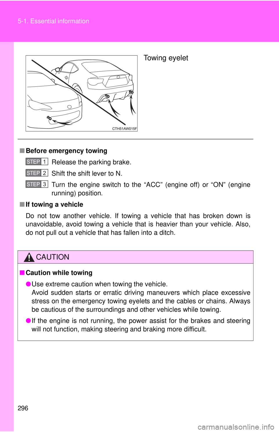 TOYOTA FR-S 2014 Owners Manual (in English) 296 5-1. Essential information
Towing eyelet
■Before emergency towing
Release the parking brake.
Shift the shift lever to N.
Turn the engine switch to the “ACC” (engine off) or “ON” (engine
TOYOTA FR-S 2014 Owners Manual (in English) 296 5-1. Essential information
Towing eyelet
■Before emergency towing
Release the parking brake.
Shift the shift lever to N.
Turn the engine switch to the “ACC” (engine off) or “ON” (engine