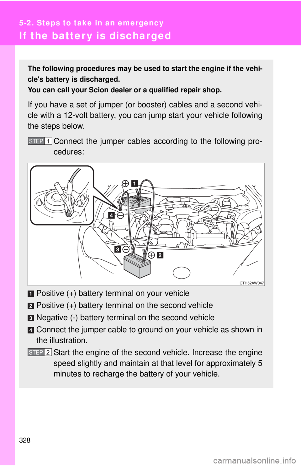 TOYOTA FR-S 2014 Owners Manual (in English) 328
5-2. Steps to take in an emergency
If the batter y is discharged
The following procedures may be used to start the engine if the vehi-
cles battery is discharged.
You can call your Scion dealer TOYOTA FR-S 2014 Owners Manual (in English) 328
5-2. Steps to take in an emergency
If the batter y is discharged
The following procedures may be used to start the engine if the vehi-
cles battery is discharged.
You can call your Scion dealer