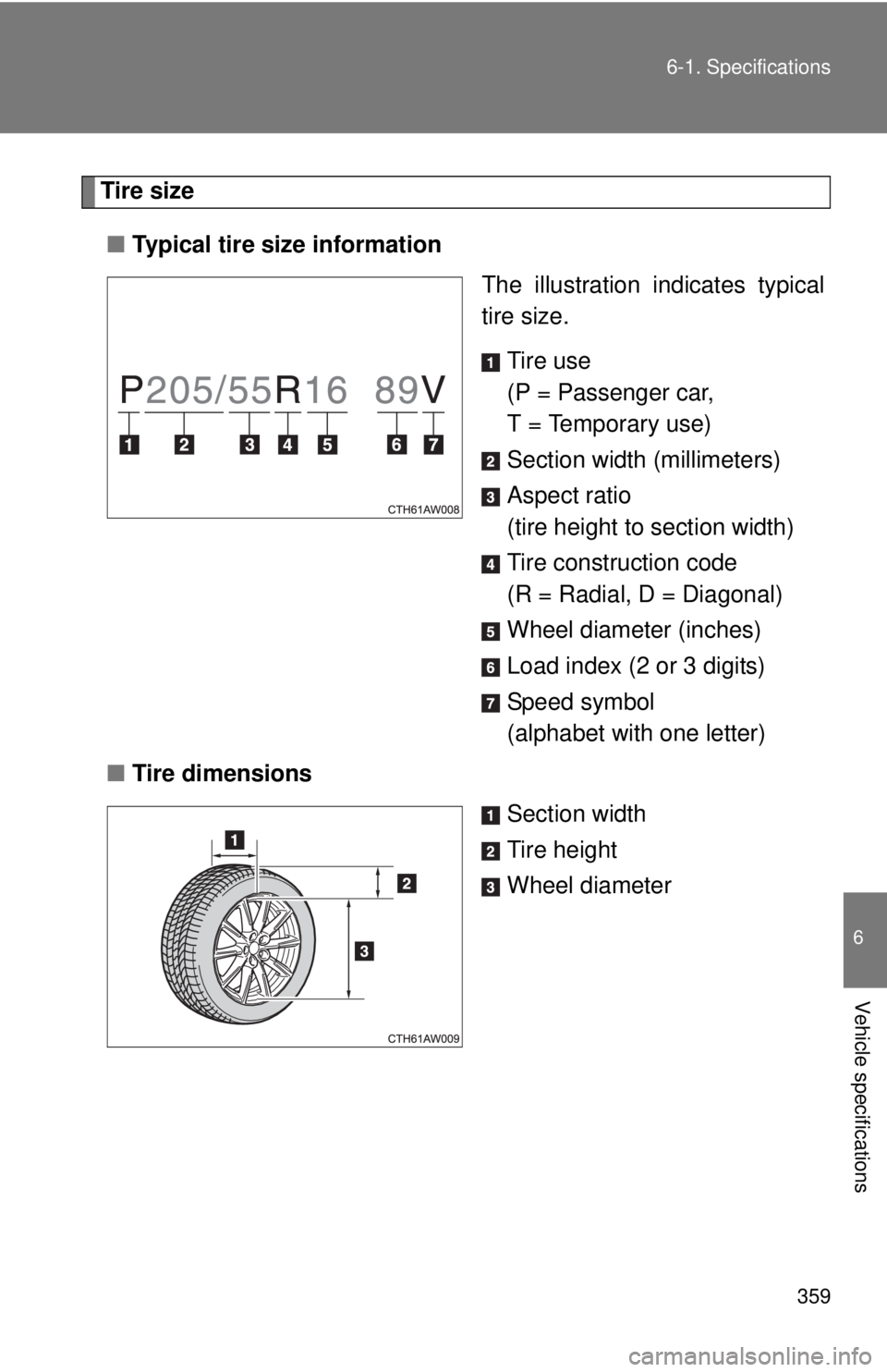 TOYOTA FR-S 2014 Owners Manual (in English) 359 6-1. Specifications
6
Vehicle specifications
Tire size
■Typical tire size information
The illustration indicates typical
tire size.
Tire use
(P = Passenger car,
T = Temporary use)
Section width TOYOTA FR-S 2014 Owners Manual (in English) 359 6-1. Specifications
6
Vehicle specifications
Tire size
■Typical tire size information
The illustration indicates typical
tire size.
Tire use
(P = Passenger car,
T = Temporary use)
Section width