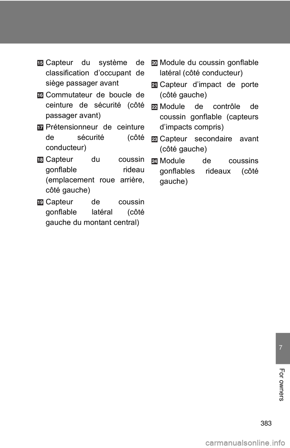TOYOTA FR-S 2014 Owners Manual (in English) 383
7
For owners
Capteur du système de
classification d’occupant de
siège passager avant
Commutateur de boucle de
ceinture de sécurité (côté
passager avant)
Prétensionneur de ceinture
de séc TOYOTA FR-S 2014 Owners Manual (in English) 383
7
For owners
Capteur du système de
classification d’occupant de
siège passager avant
Commutateur de boucle de
ceinture de sécurité (côté
passager avant)
Prétensionneur de ceinture
de séc