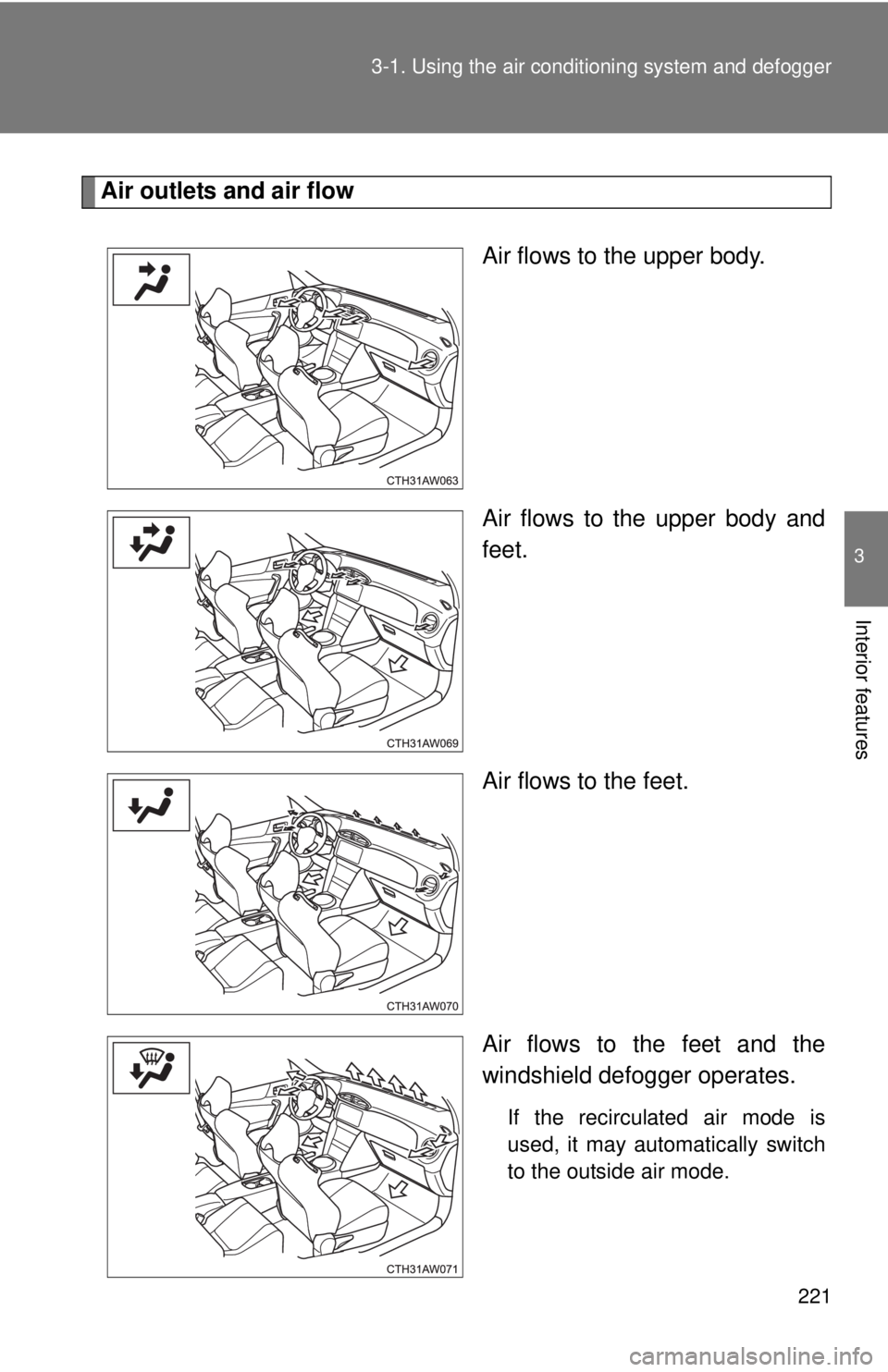 TOYOTA FR-S 2014  Owners Manual (in English) 221
3-1. Using the air conditioning system
 and defogger
3
Interior features
Air outlets and air flow
Air flows to the upper body.
Air flows to the upper body and
feet.
Air flows to the feet.
Air flow