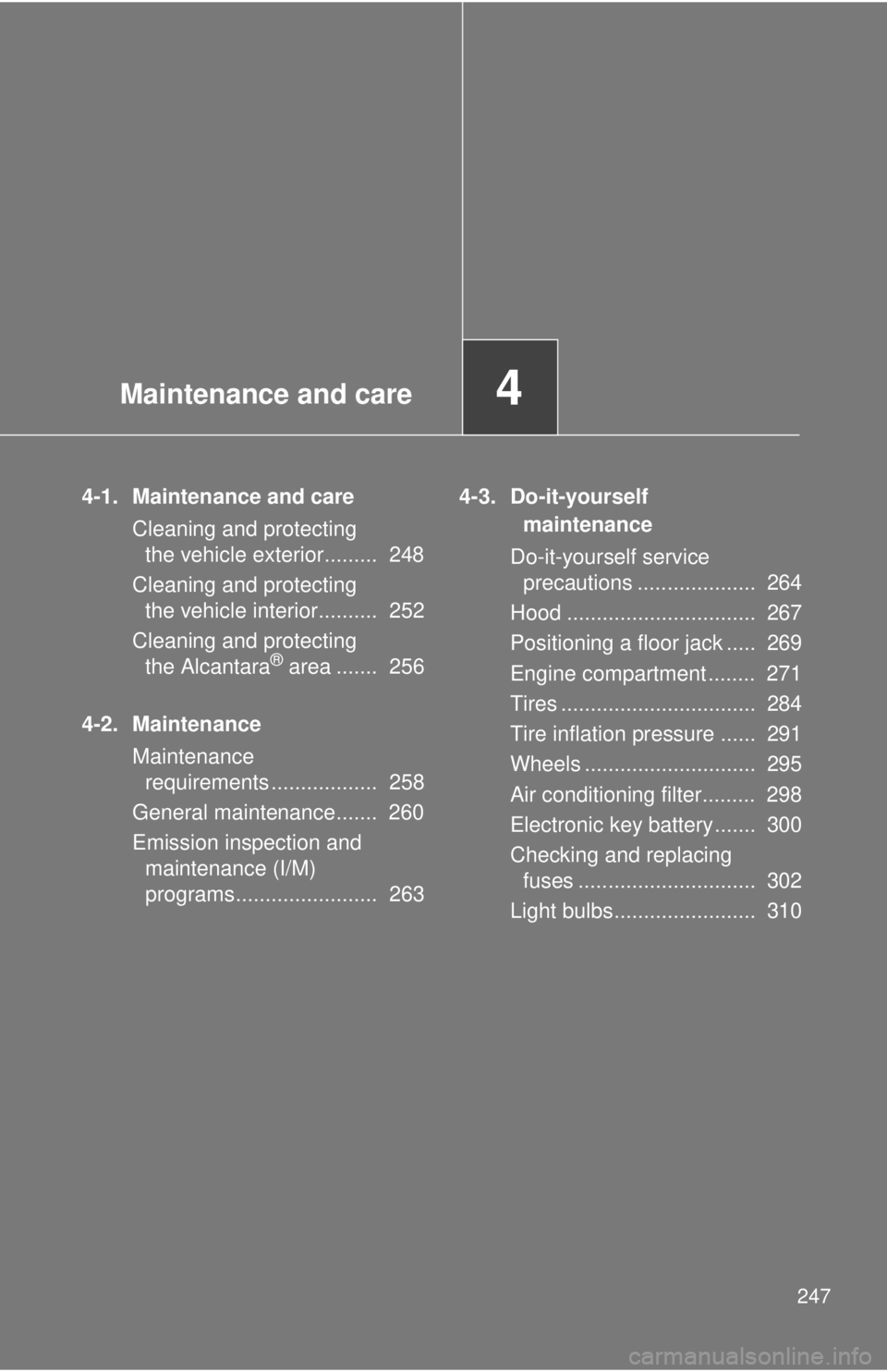 TOYOTA FR-S 2014 Owners Manual (in English) Maintenance and care4
247
4-1. Maintenance and careCleaning and protecting the vehicle exterior......... 248
Cleaning and protecting the vehicle interior.......... 252
Cleaning and protecting the TOYOTA FR-S 2014 Owners Manual (in English) Maintenance and care4
247
4-1. Maintenance and careCleaning and protecting the vehicle exterior......... 248
Cleaning and protecting the vehicle interior.......... 252
Cleaning and protecting the