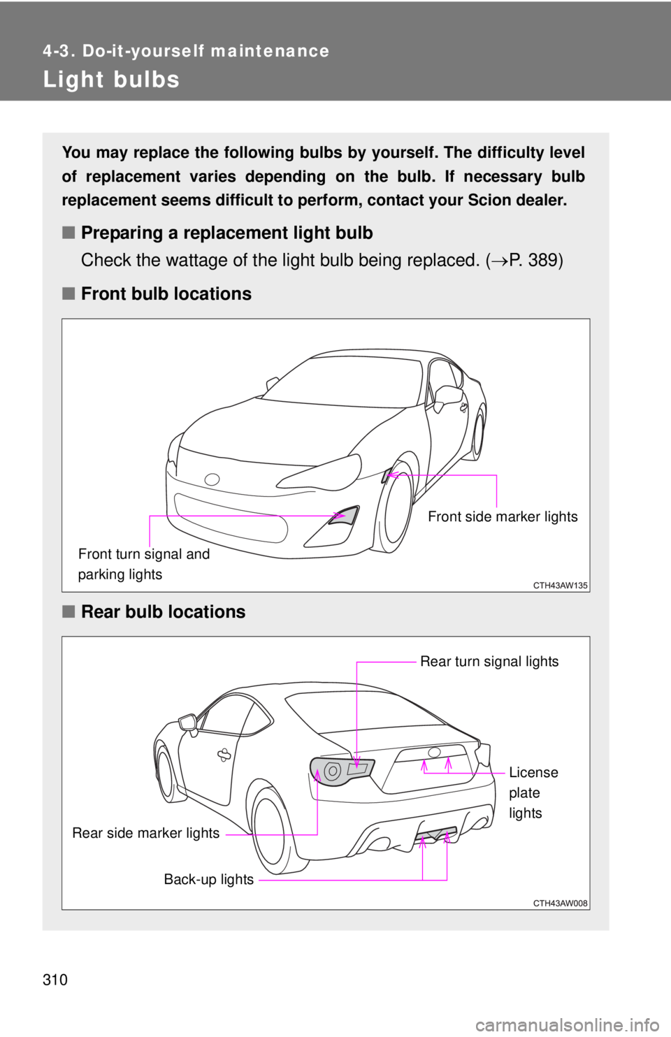 TOYOTA FR-S 2014  Owners Manual (in English) 310
4-3. Do-it-yourself maintenance
Light bulbs
You may replace the following bulbs by yourself. The difficulty level
of replacement varies depending on the bulb. If necessary bulb
replacement seems d