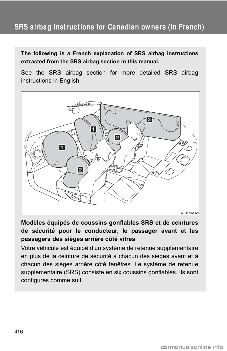 TOYOTA FR-S 2014 Owners Manual (in English) 416
SRS airbag instructions for Canadian owners (in French)
The following is a French explanation of SRS airbag instructions
extracted from the SRS airbag section in this manual.
See the SRS airbag se TOYOTA FR-S 2014 Owners Manual (in English) 416
SRS airbag instructions for Canadian owners (in French)
The following is a French explanation of SRS airbag instructions
extracted from the SRS airbag section in this manual.
See the SRS airbag se
