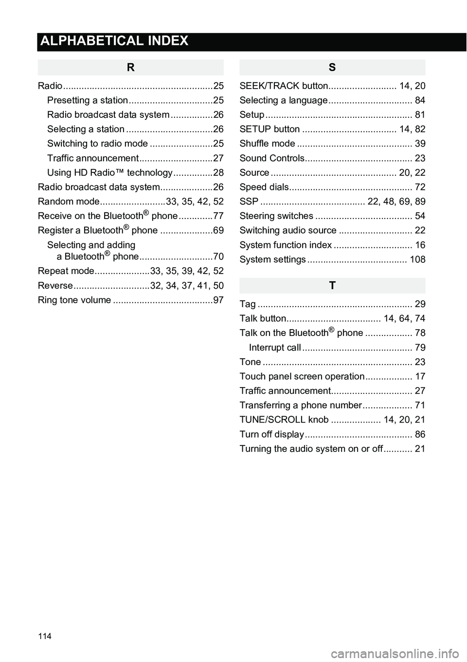 TOYOTA FR-S 2014  Accessories, Audio & Navigation (in English) 114
ALPHABETICAL INDEX
ALPHABETICAL INDEX
R
Radio ......................................................... 25
Presetting a station ................................ 25
Radio broadcast data system ....