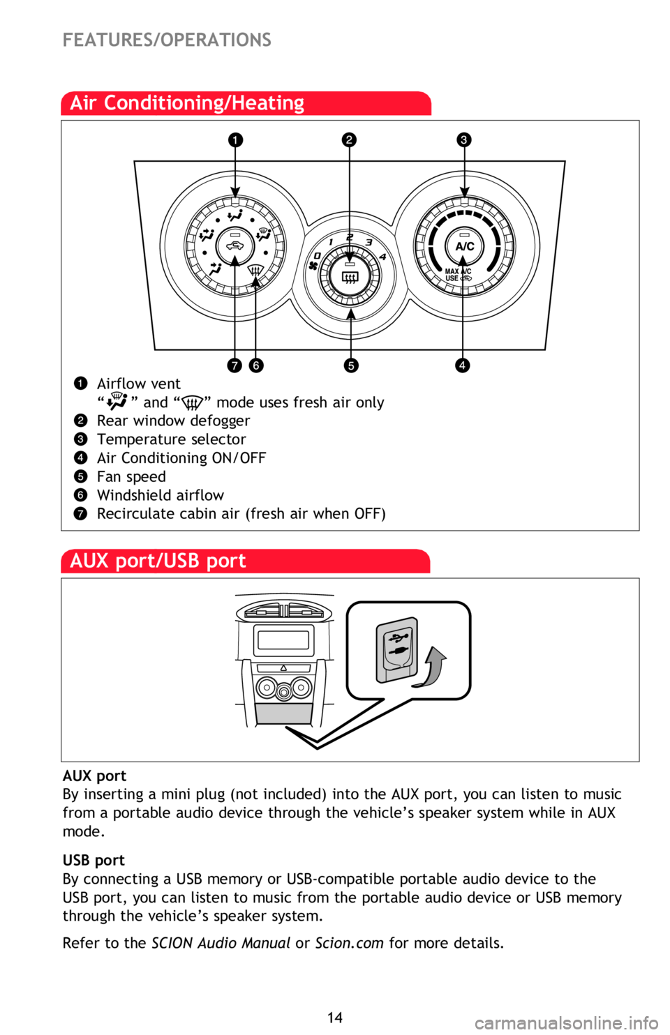 TOYOTA FR-S 2015 (in English) User Guide 14
Air Conditioning/Heating
Airflow vent
“ ” and “
” mode uses fresh air only
Rear window defogger
Temperature selector
Air Conditioning ON/OFF
Fan speed
Windshield airflow
Recirculate cab TOYOTA FR-S 2015 (in English) User Guide 14
Air Conditioning/Heating
Airflow vent
“ ” and “
” mode uses fresh air only
Rear window defogger
Temperature selector
Air Conditioning ON/OFF
Fan speed
Windshield airflow
Recirculate cab