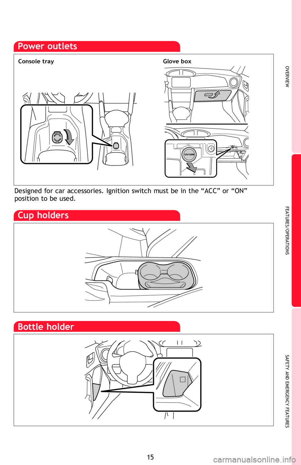 TOYOTA FR-S 2015 (in English) User Guide OVERVIEW
FEATURES/OPERATIONS
SAFETY AND EMERGENCY FEATURES
15
Airflow vent
“ ” and “
” mode uses fresh air only
Rear window defogger
Temperature selector
Air Conditioning ON/OFF
Fan speed
TOYOTA FR-S 2015 (in English) User Guide OVERVIEW
FEATURES/OPERATIONS
SAFETY AND EMERGENCY FEATURES
15
Airflow vent
“ ” and “
” mode uses fresh air only
Rear window defogger
Temperature selector
Air Conditioning ON/OFF
Fan speed
