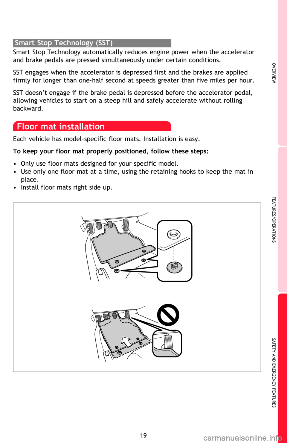 TOYOTA FR-S 2015   (in English) Owners Manual OVERVIEW
FEATURES/OPERATIONS
SAFETY AND EMERGENCY FEATURES
19
VSC helps prevent loss of traction during cornering by reducing engine power and 
applying brake force to selected wheels. 
Toyota’s VSC