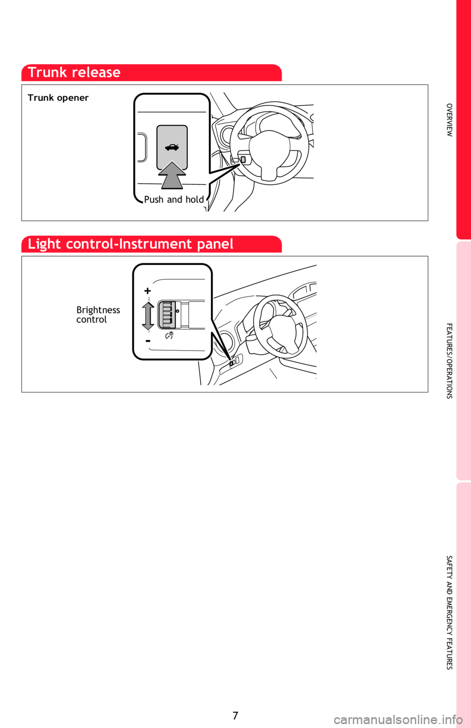 TOYOTA FR-S 2015  Owners Manual (in English) OVERVIEW
FEATURES/OPERATIONS
SAFETY AND EMERGENCY FEATURES
7
NOTE: Tighten until one click is 
heard. If the cap is not tightened 
enough, Check Engine “
” 
indicator may illuminate.
Trunk release