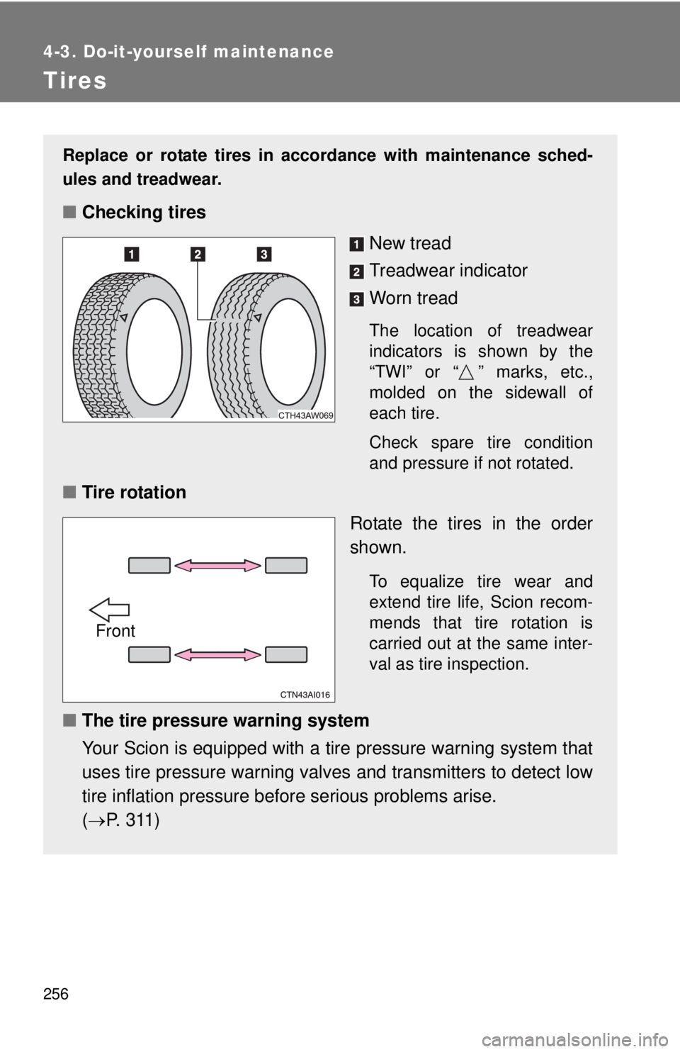 TOYOTA FR-S 2015 Owners Manual (in English) 256
4-3. Do-it-yourself maintenance
Tires
Replace or rotate tires in accordance with maintenance sched-
ules and treadwear.
■Checking tires
New tread
Treadwear indicator
Worn tread
The location of t TOYOTA FR-S 2015 Owners Manual (in English) 256
4-3. Do-it-yourself maintenance
Tires
Replace or rotate tires in accordance with maintenance sched-
ules and treadwear.
■Checking tires
New tread
Treadwear indicator
Worn tread
The location of t