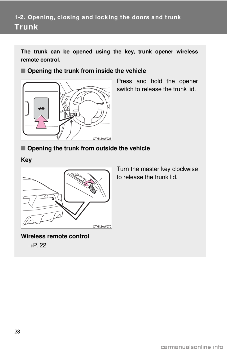 TOYOTA FR-S 2015   (in English) Owners Manual 28
1-2. Opening, closing and locking the doors and trunk
Trunk
The trunk can be opened using the key, trunk opener wireless
remote control. 
■ Opening the trunk from inside the vehicle
Press and hol