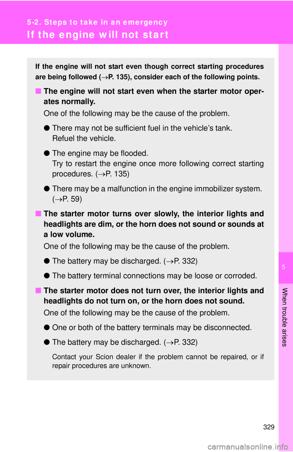 TOYOTA FR-S 2015 Owners Manual (in English) 5
When trouble arises
329
5-2. Steps to take in an emergency
If the engine will not star t
If the engine will not start even though correct starting procedures
are being followed ( P. 135), conside TOYOTA FR-S 2015 Owners Manual (in English) 5
When trouble arises
329
5-2. Steps to take in an emergency
If the engine will not star t
If the engine will not start even though correct starting procedures
are being followed ( P. 135), conside