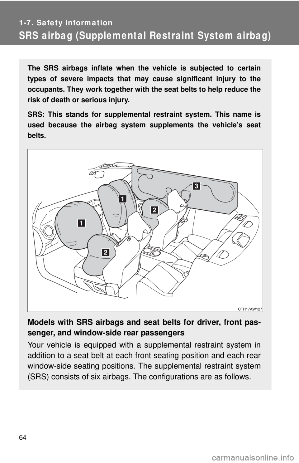 TOYOTA FR-S 2015 (in English) Repair Manual 64
1-7. Safety information
SRS airbag (Supplemental Restraint System airbag)
The SRS airbags inflate when the vehicle is subjected to certain
types of severe impacts that may cause significant injury TOYOTA FR-S 2015 (in English) Repair Manual 64
1-7. Safety information
SRS airbag (Supplemental Restraint System airbag)
The SRS airbags inflate when the vehicle is subjected to certain
types of severe impacts that may cause significant injury