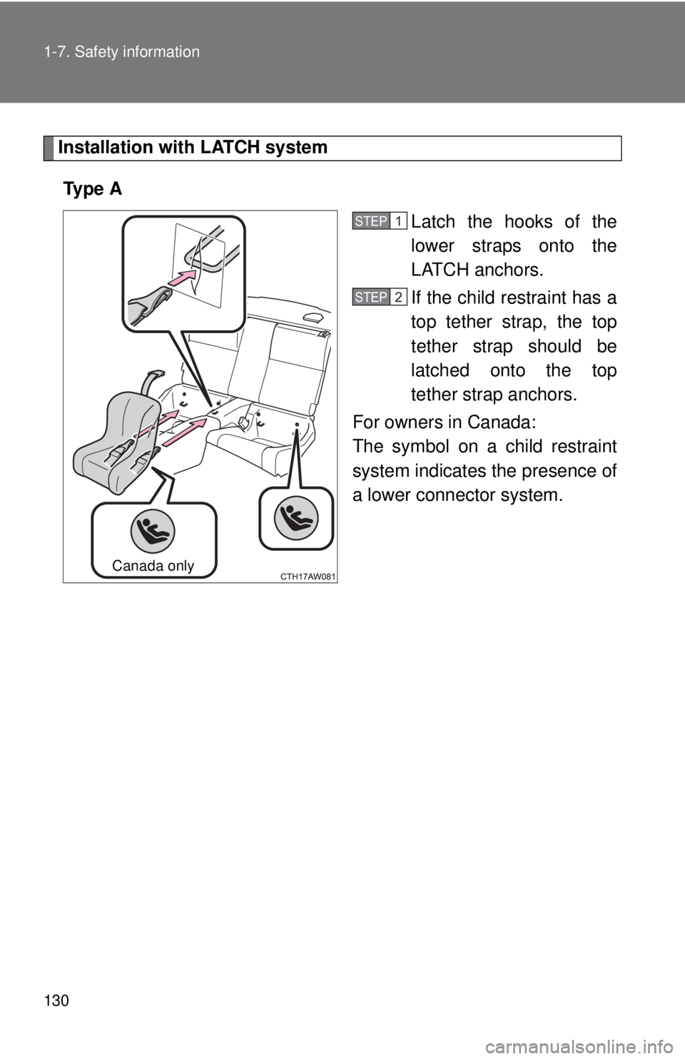 TOYOTA FR-S 2015  Owners Manual (in English) 130 1-7. Safety information
Installation with LATCH system
Ty p e  A
Latch the hooks of the
lower straps onto the
LATCH anchors. 
If the child restraint has a
top tether strap, the top
tether strap sh