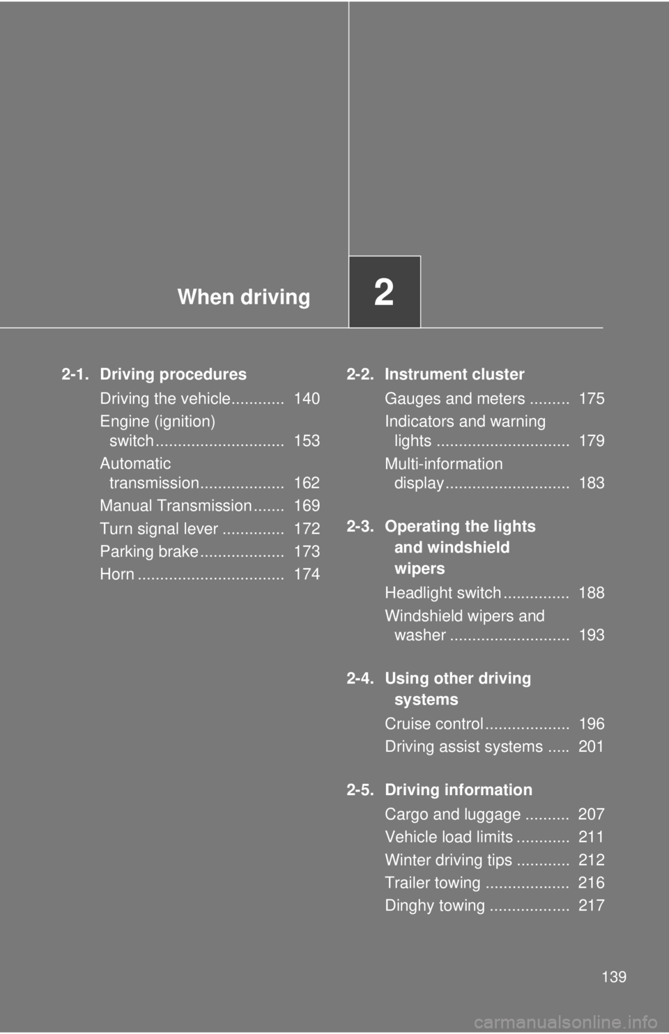 TOYOTA FR-S 2015  Owners Manual (in English) When driving2
139
2-1. Driving procedures
Driving the vehicle............  140
Engine (ignition) 
switch .............................  153
Automatic 
transmission...................  162
Manual Trans