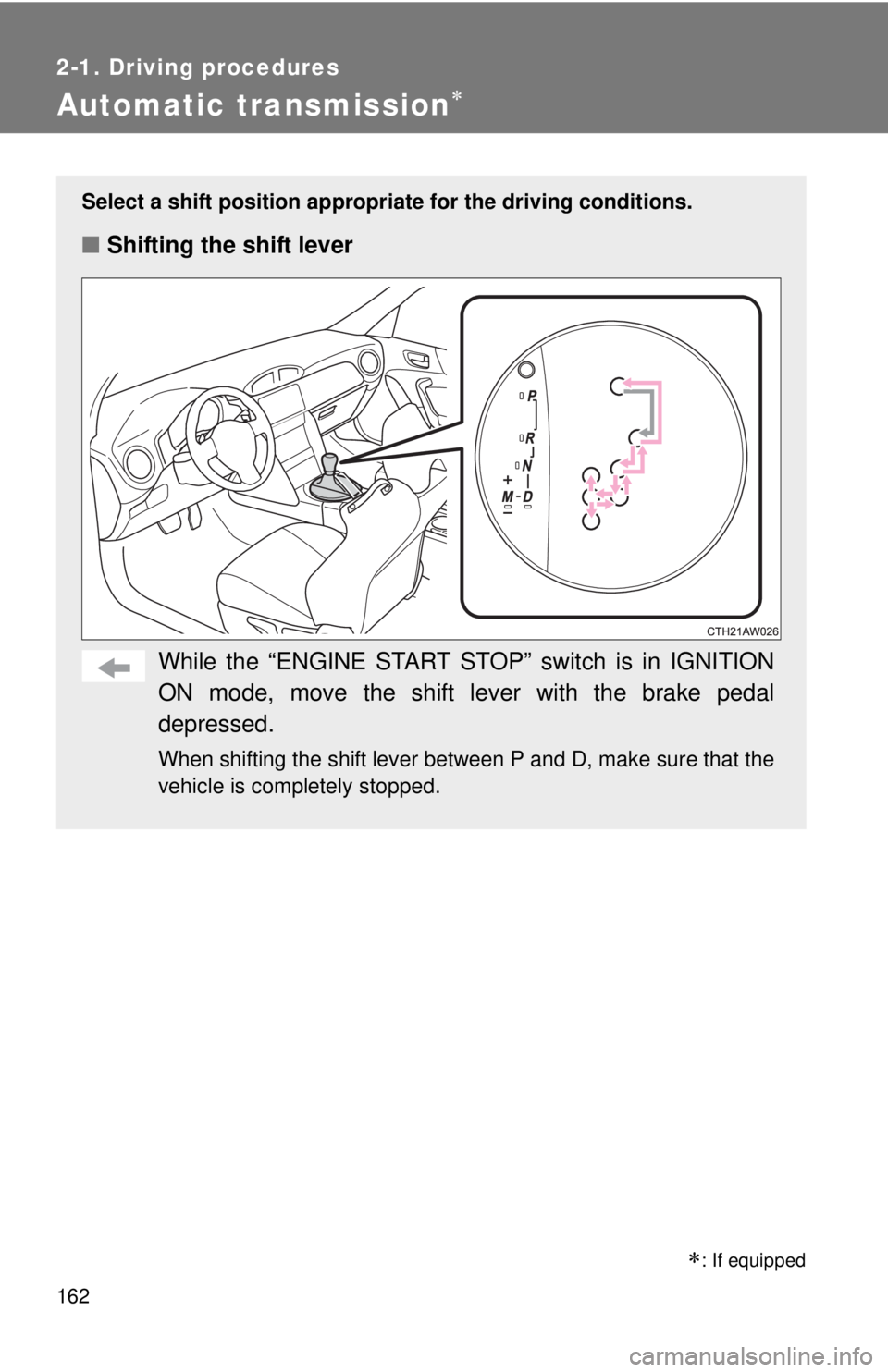 TOYOTA FR-S 2015 Owners Manual (in English) 162
2-1. Driving procedures
Automatic transmission
Select a shift position appropriate for the driving conditions.
■Shifting the shift lever
While the “ENGINE START STOP” switch is in IGNITIO TOYOTA FR-S 2015 Owners Manual (in English) 162
2-1. Driving procedures
Automatic transmission
Select a shift position appropriate for the driving conditions.
■Shifting the shift lever
While the “ENGINE START STOP” switch is in IGNITIO