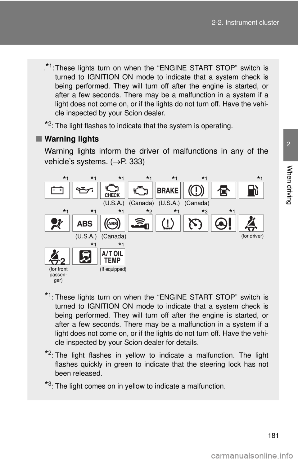 TOYOTA FR-S 2015 Owners Manual (in English) 181 2-2. Instrument cluster
2
When driving
x*1: These lights turn on when the “ENGINE START STOP” switch is
turned to IGNITION ON mode to indicate that a system check is
being performed. They will TOYOTA FR-S 2015 Owners Manual (in English) 181 2-2. Instrument cluster
2
When driving
x*1: These lights turn on when the “ENGINE START STOP” switch is
turned to IGNITION ON mode to indicate that a system check is
being performed. They will