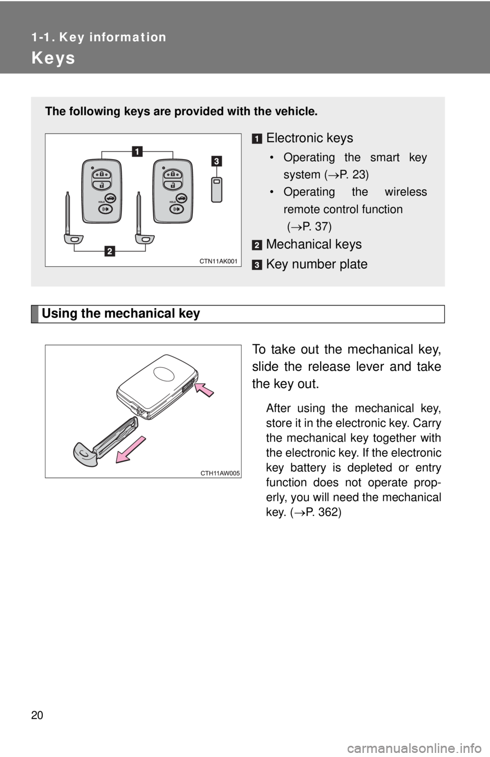TOYOTA FR-S 2015 Owners Manual (in English) 20
1-1. Key information
Keys
Using the mechanical key
To take out the mechanical key,
slide the release lever and take
the key out.
After using the mechanical key,
store it in the electronic key. Carr TOYOTA FR-S 2015 Owners Manual (in English) 20
1-1. Key information
Keys
Using the mechanical key
To take out the mechanical key,
slide the release lever and take
the key out.
After using the mechanical key,
store it in the electronic key. Carr